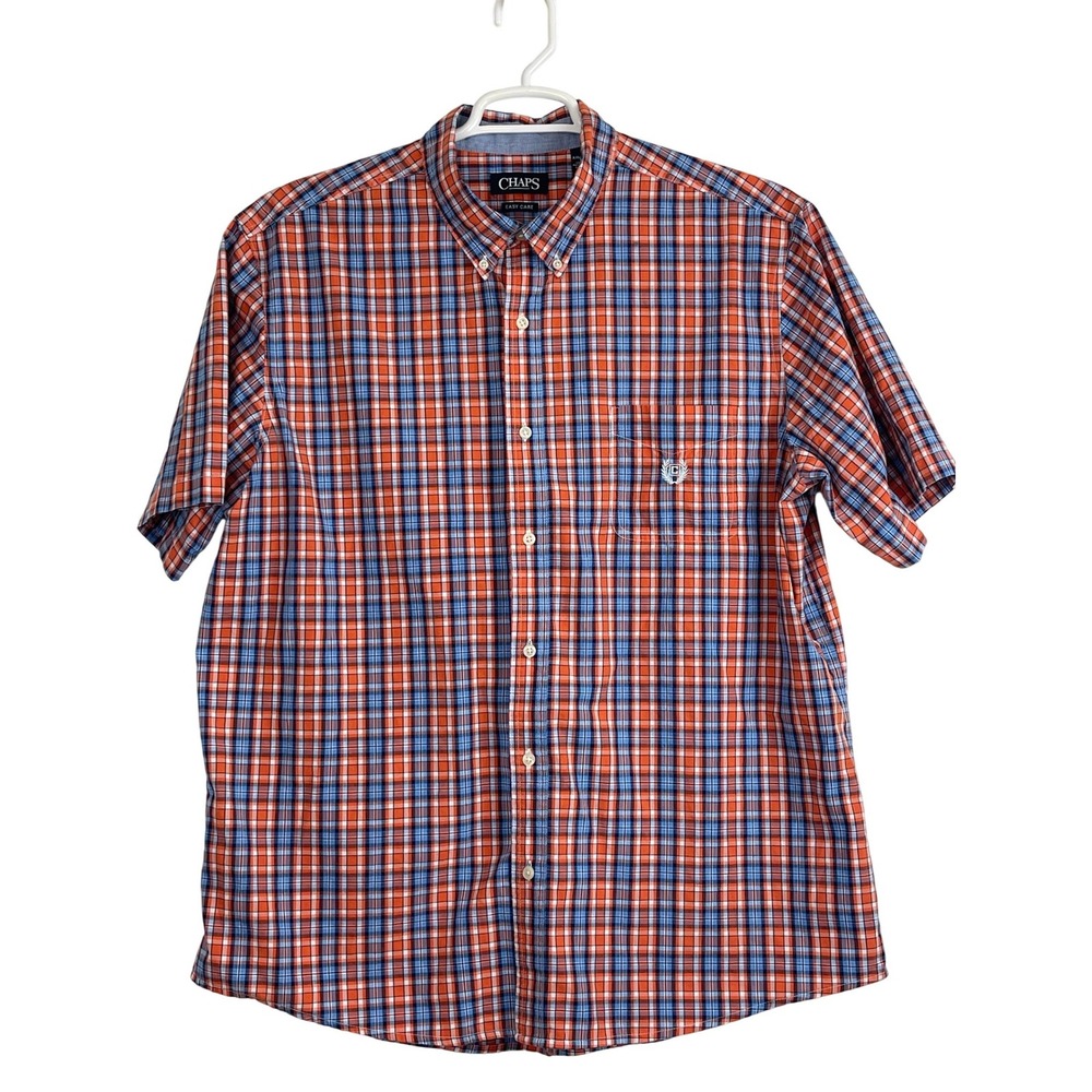 00753 Chaps Mens XXL Orange‎ Blue Plaid Short Sleeve Button Down Easy Care Shirt